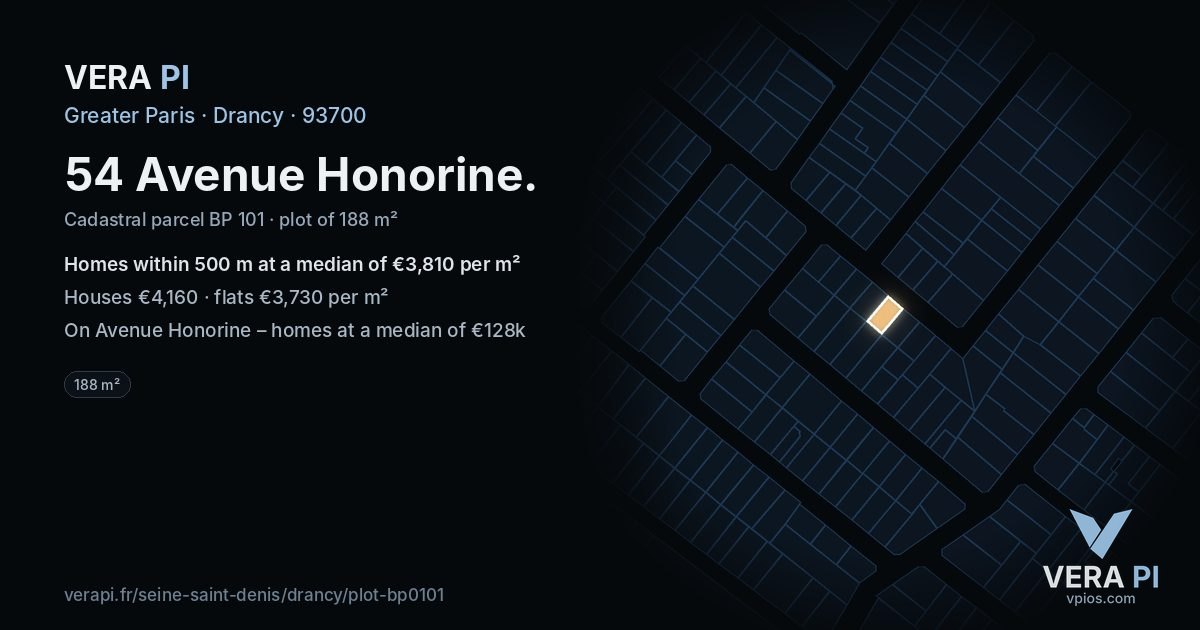 54 Avenue Honorine, Drancy at night – the plot lit, the parcels around coloured by the prices near them