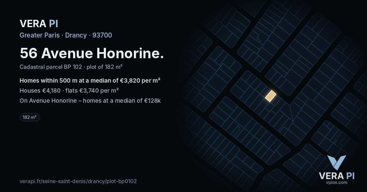 56 Avenue Honorine, Drancy at night – the plot lit, the parcels around coloured by the prices near them
