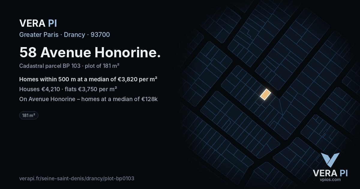 58 Avenue Honorine, Drancy at night – the plot lit, the parcels around coloured by the prices near them