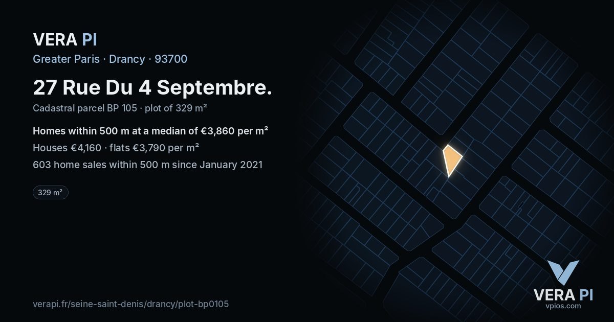 27 Rue Du 4 Septembre, Drancy at night – the plot lit, the parcels around coloured by the prices near them