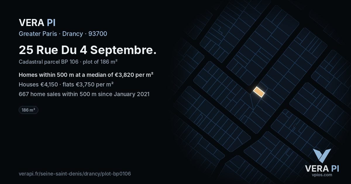 25 Rue Du 4 Septembre, Drancy at night – the plot lit, the parcels around coloured by the prices near them
