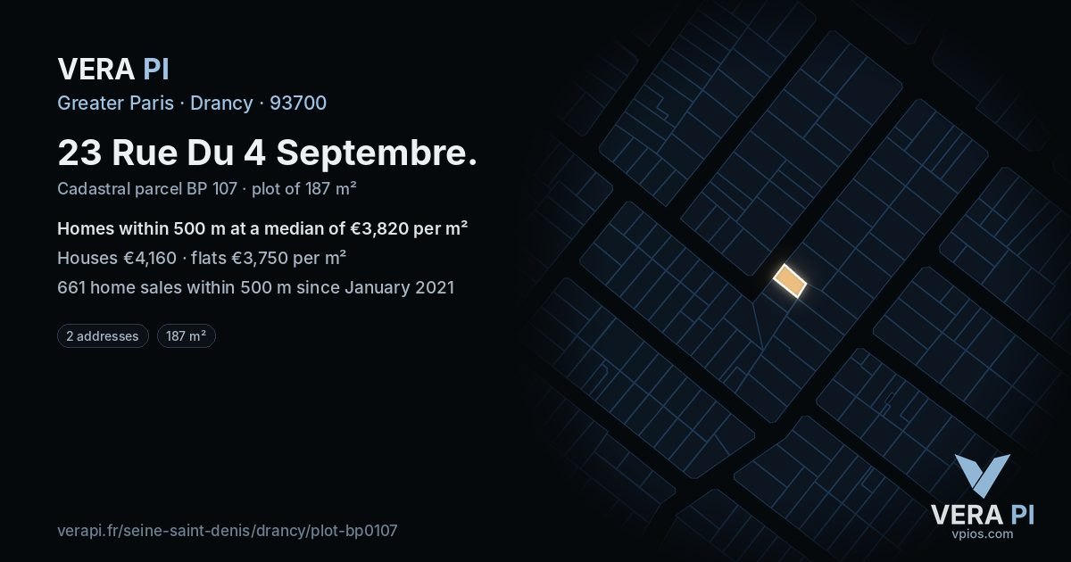 23 Rue Du 4 Septembre, Drancy at night – the plot lit, the parcels around coloured by the prices near them