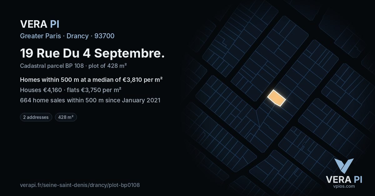 19 Rue Du 4 Septembre, Drancy at night – the plot lit, the parcels around coloured by the prices near them