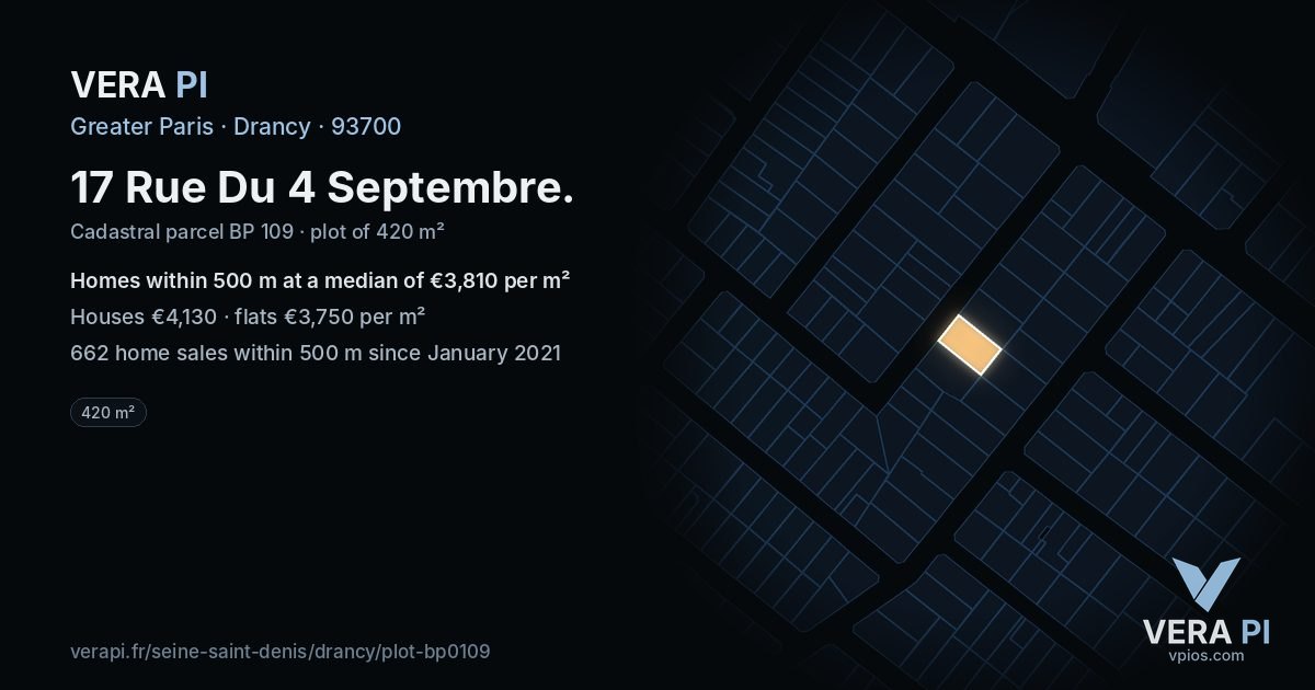 17 Rue Du 4 Septembre, Drancy at night – the plot lit, the parcels around coloured by the prices near them