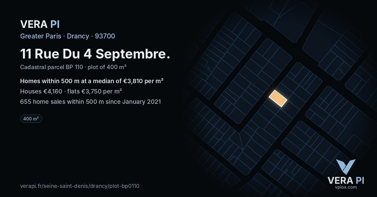 11 Rue Du 4 Septembre, Drancy at night – the plot lit, the parcels around coloured by the prices near them