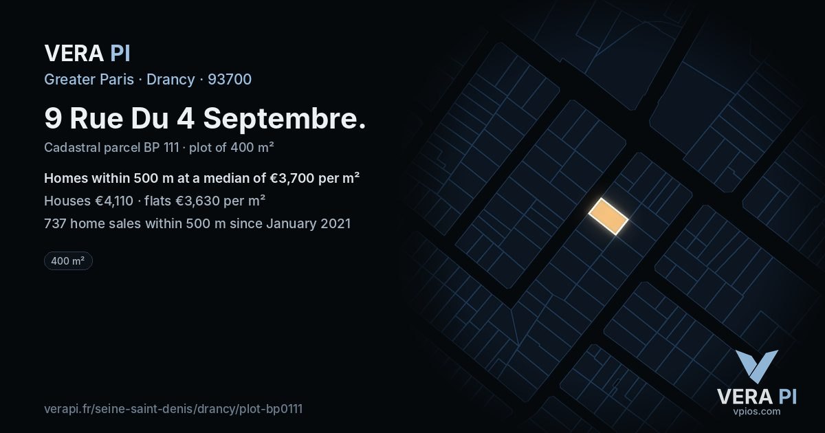 9 Rue Du 4 Septembre, Drancy at night – the plot lit, the parcels around coloured by the prices near them