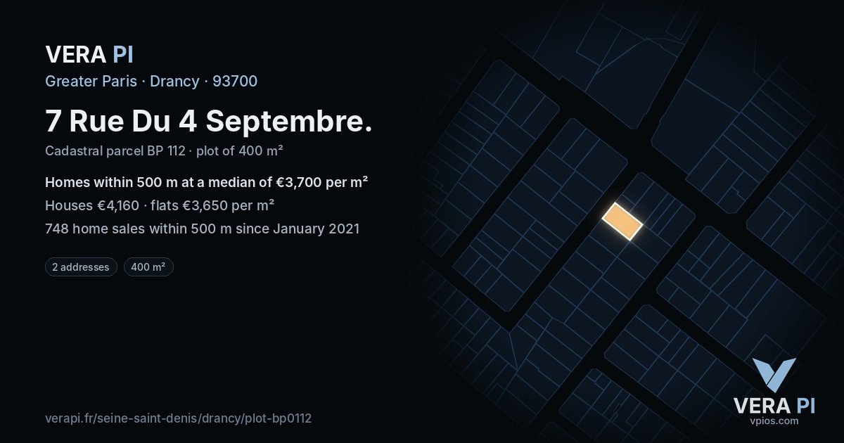 7 Rue Du 4 Septembre, Drancy at night – the plot lit, the parcels around coloured by the prices near them