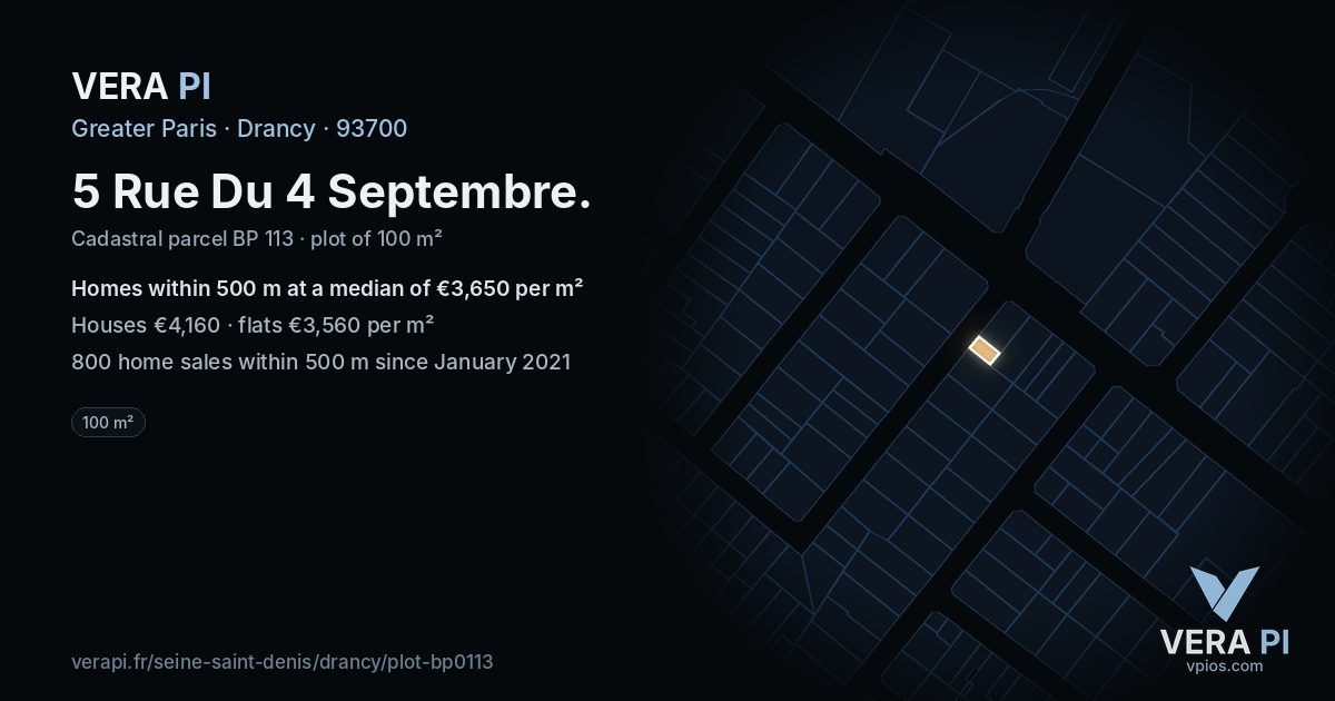 5 Rue Du 4 Septembre, Drancy at night – the plot lit, the parcels around coloured by the prices near them