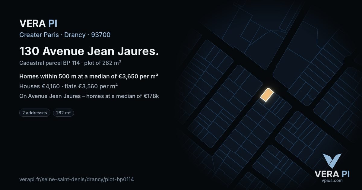 130 Avenue Jean Jaures, Drancy at night – the plot lit, the parcels around coloured by the prices near them