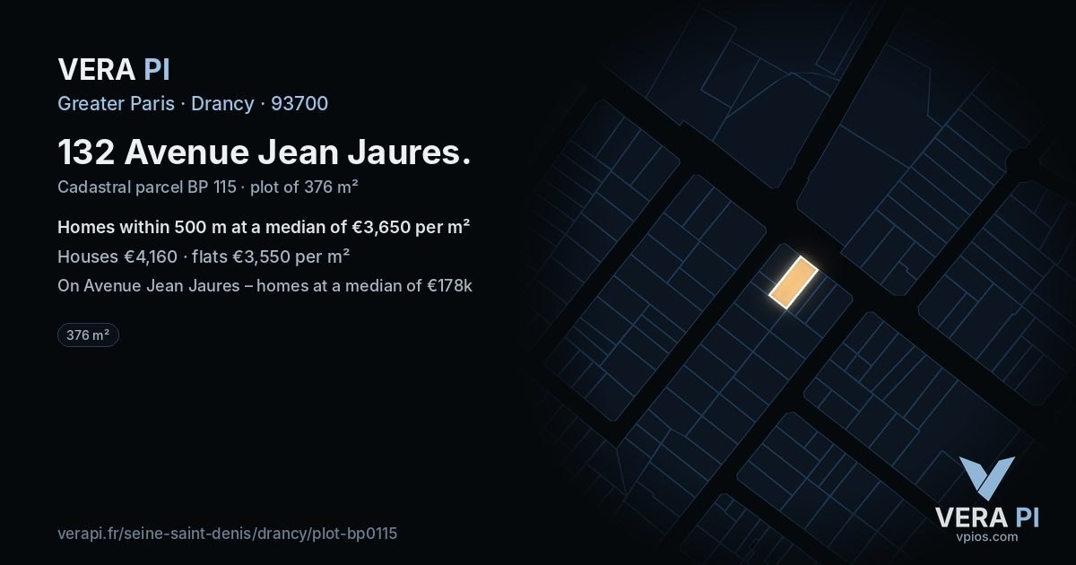 132 Avenue Jean Jaures, Drancy at night – the plot lit, the parcels around coloured by the prices near them