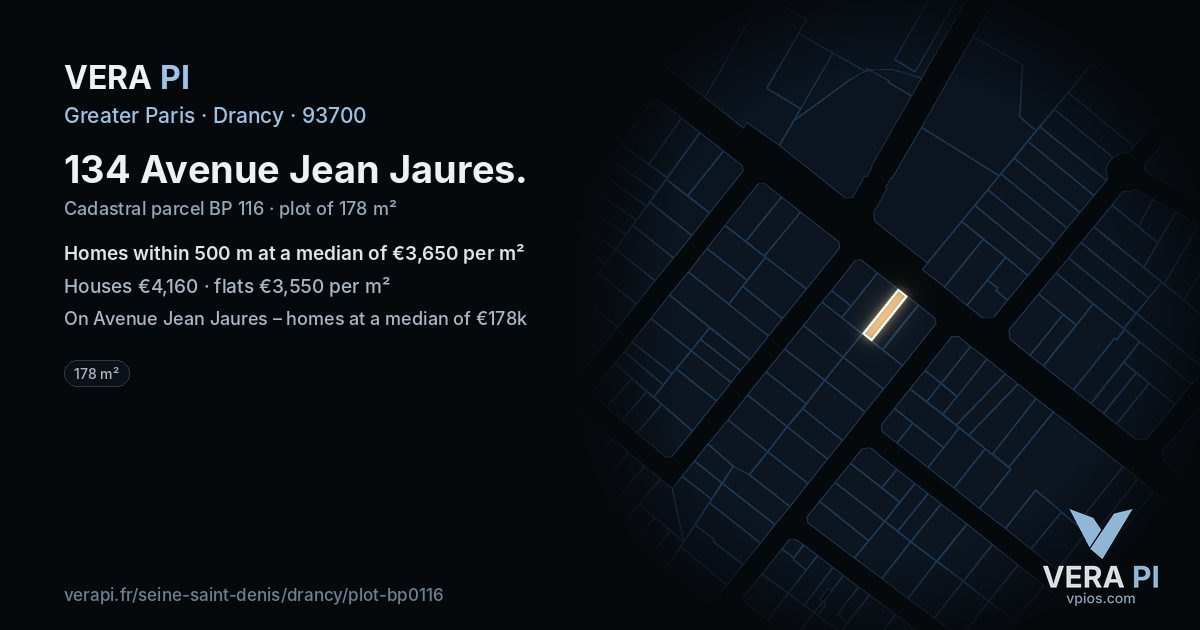 134 Avenue Jean Jaures, Drancy at night – the plot lit, the parcels around coloured by the prices near them