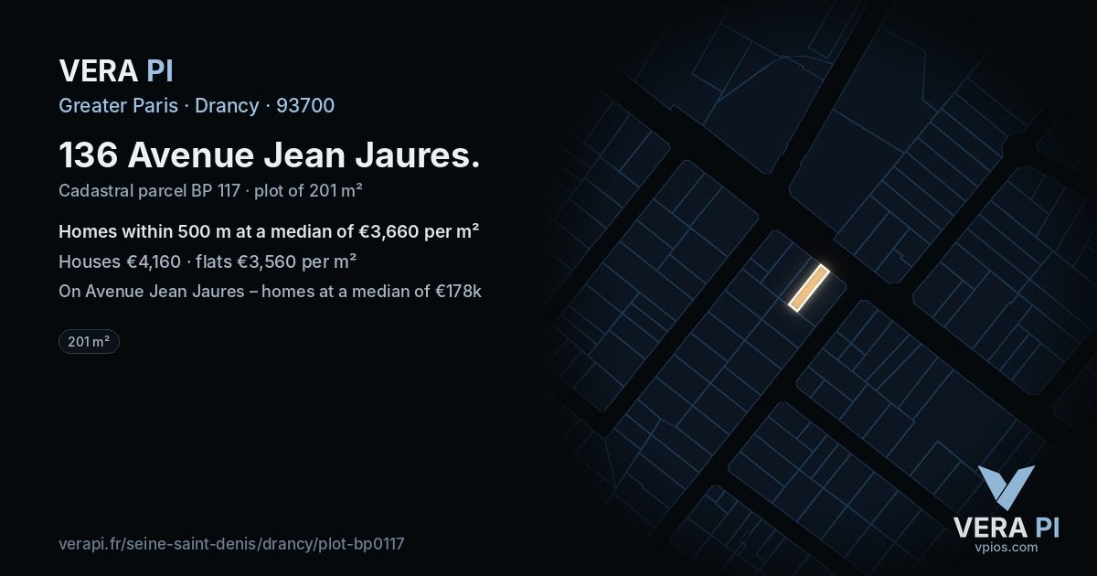 136 Avenue Jean Jaures, Drancy at night – the plot lit, the parcels around coloured by the prices near them