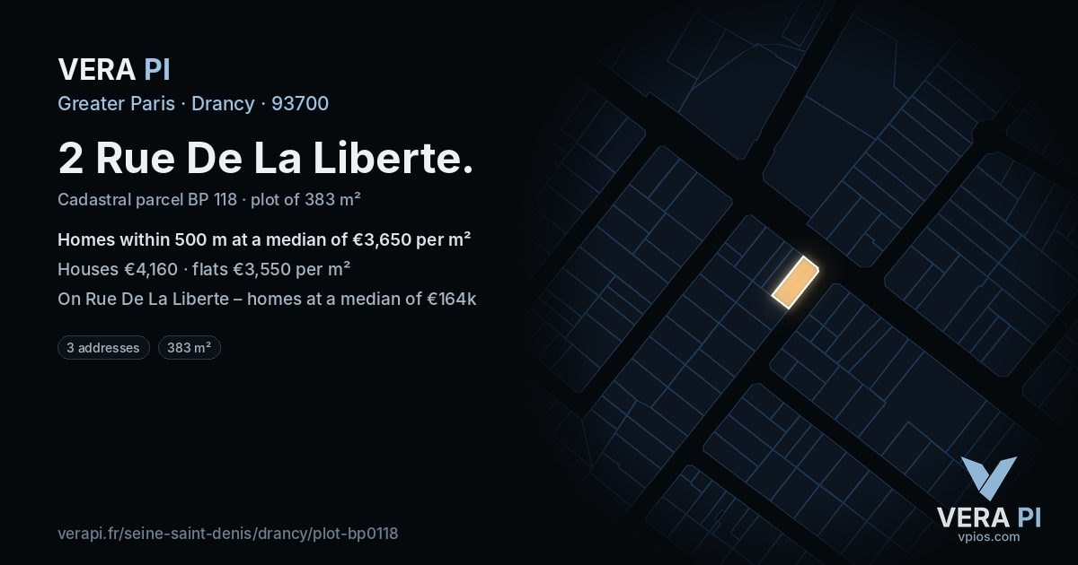 2 Rue De La Liberte, Drancy at night – the plot lit, the parcels around coloured by the prices near them