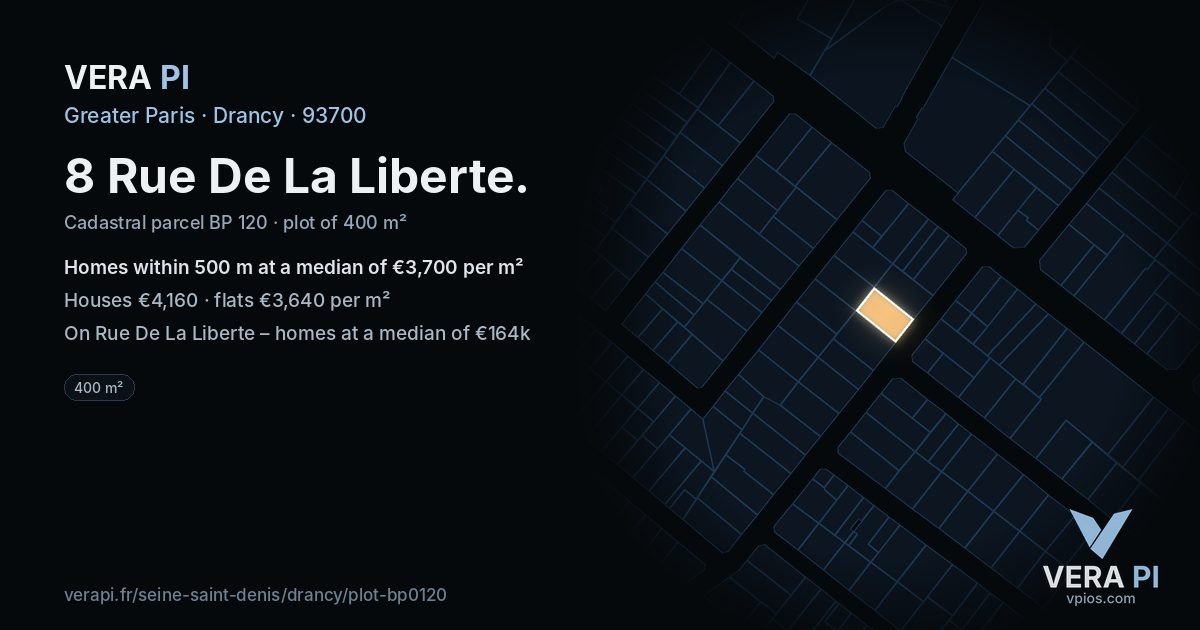 8 Rue De La Liberte, Drancy at night – the plot lit, the parcels around coloured by the prices near them