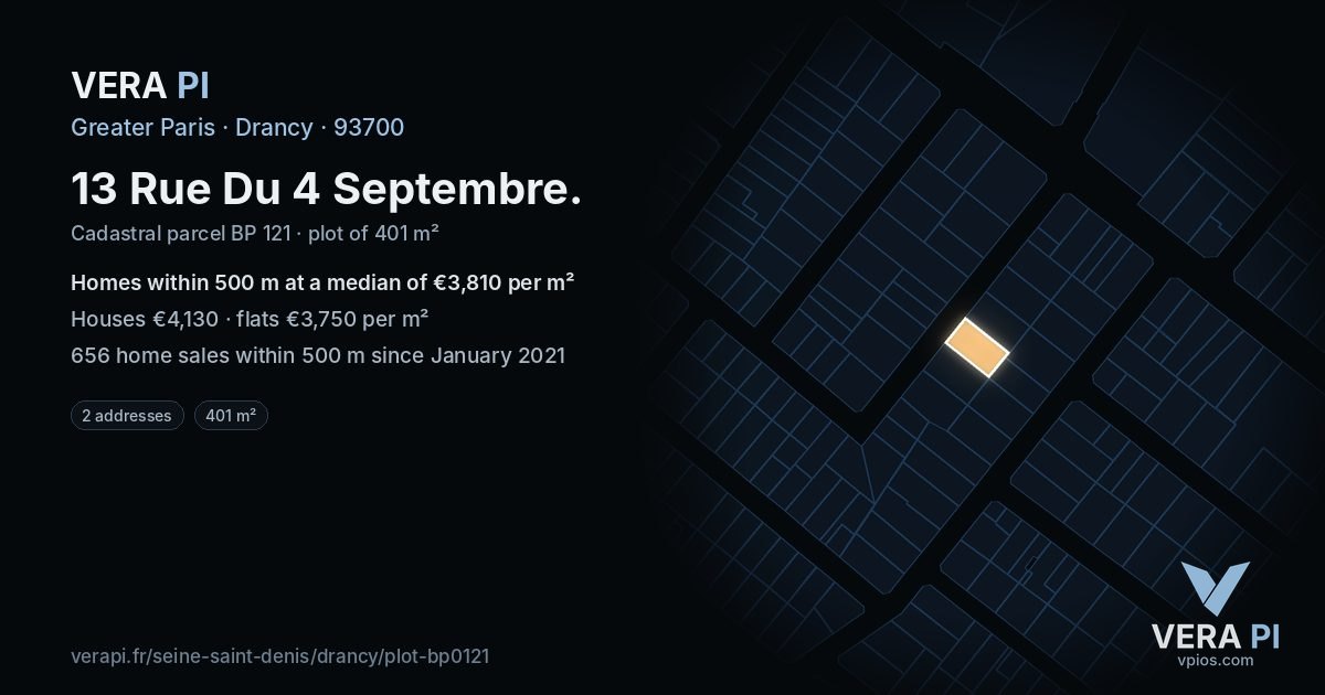 13 Rue Du 4 Septembre, Drancy at night – the plot lit, the parcels around coloured by the prices near them