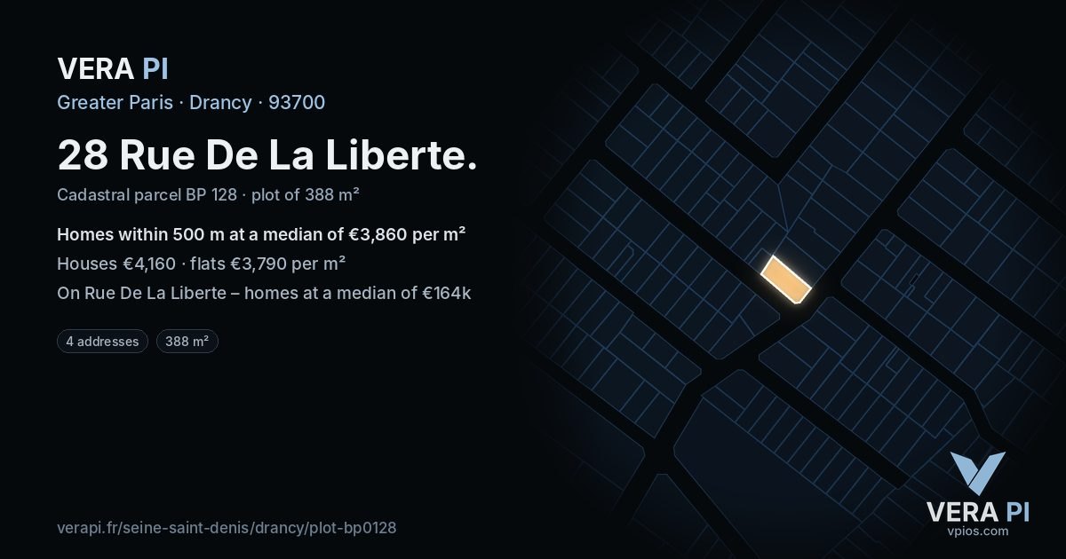 28 Rue De La Liberte, Drancy at night – the plot lit, the parcels around coloured by the prices near them