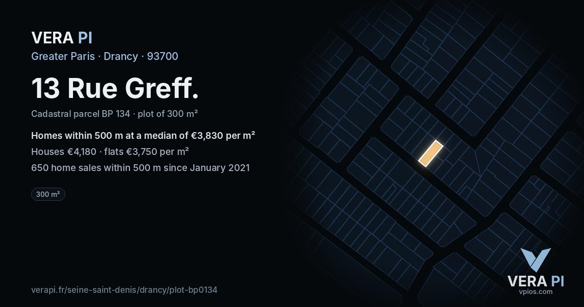 13 Rue Greff, Drancy at night – the plot lit, the parcels around coloured by the prices near them