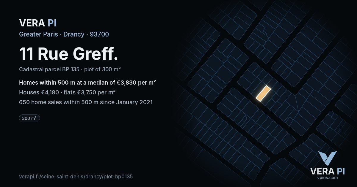 11 Rue Greff, Drancy at night – the plot lit, the parcels around coloured by the prices near them