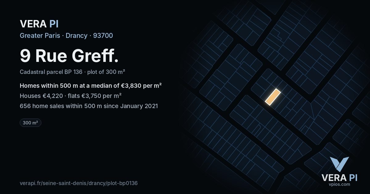 9 Rue Greff, Drancy at night – the plot lit, the parcels around coloured by the prices near them