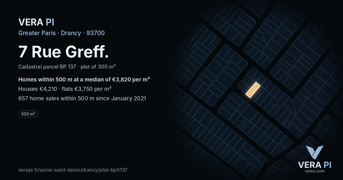 7 Rue Greff, Drancy at night – the plot lit, the parcels around coloured by the prices near them
