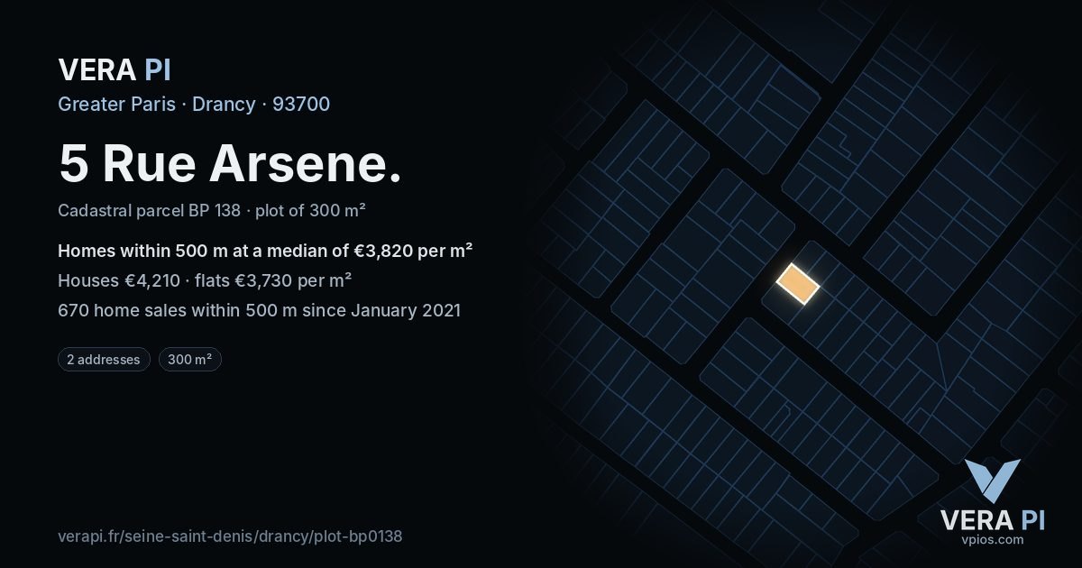 5 Rue Arsene, Drancy at night – the plot lit, the parcels around coloured by the prices near them