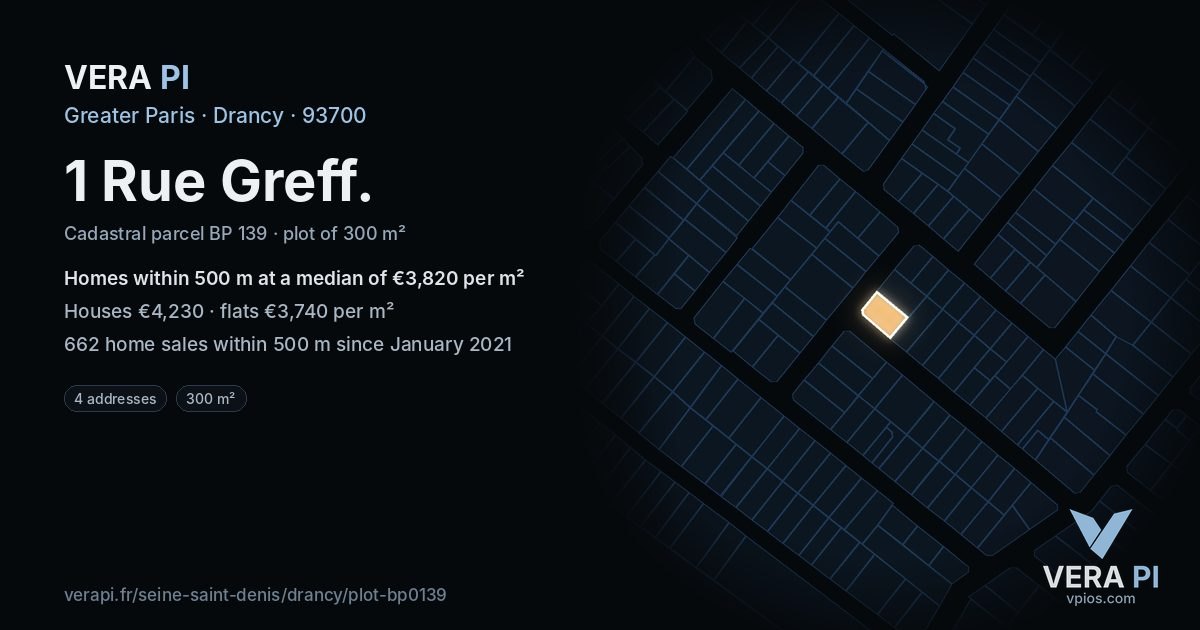 1 Rue Greff, Drancy at night – the plot lit, the parcels around coloured by the prices near them