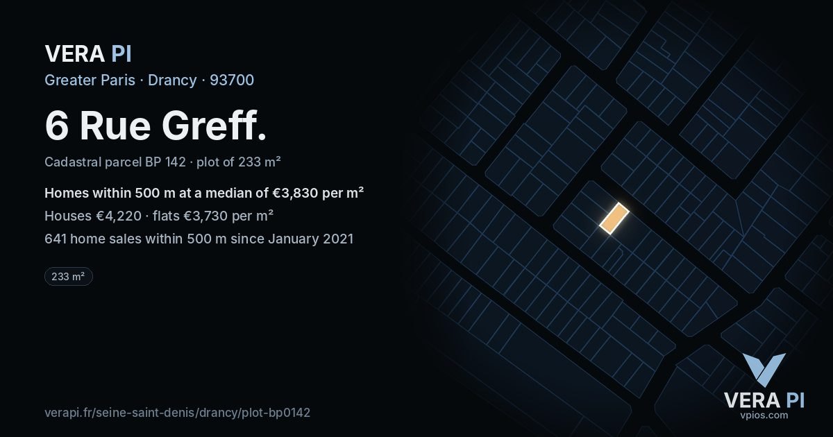 6 Rue Greff, Drancy at night – the plot lit, the parcels around coloured by the prices near them
