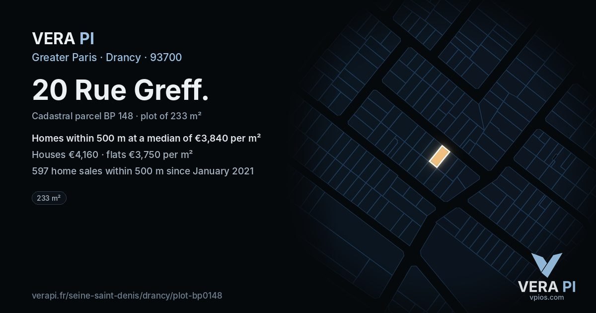 20 Rue Greff, Drancy at night – the plot lit, the parcels around coloured by the prices near them