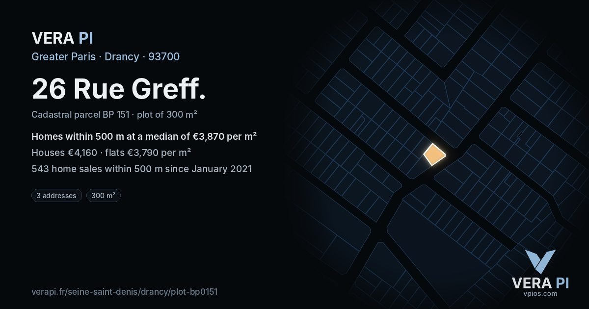 26 Rue Greff, Drancy at night – the plot lit, the parcels around coloured by the prices near them