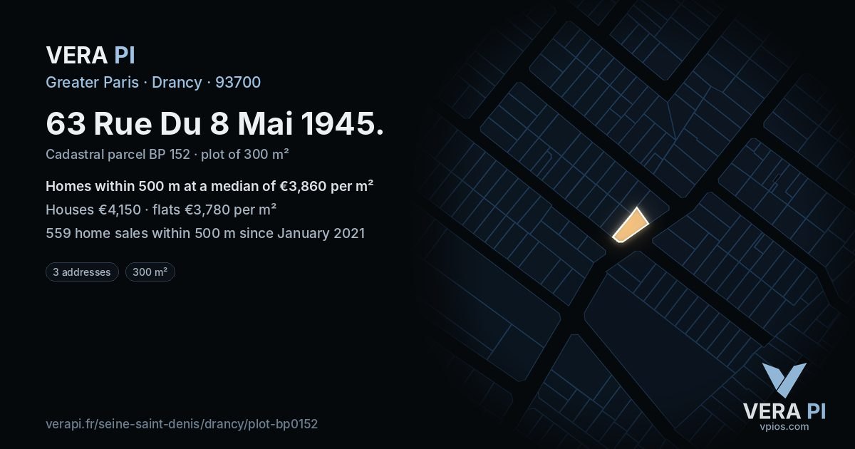 63 Rue Du 8 Mai 1945, Drancy at night – the plot lit, the parcels around coloured by the prices near them