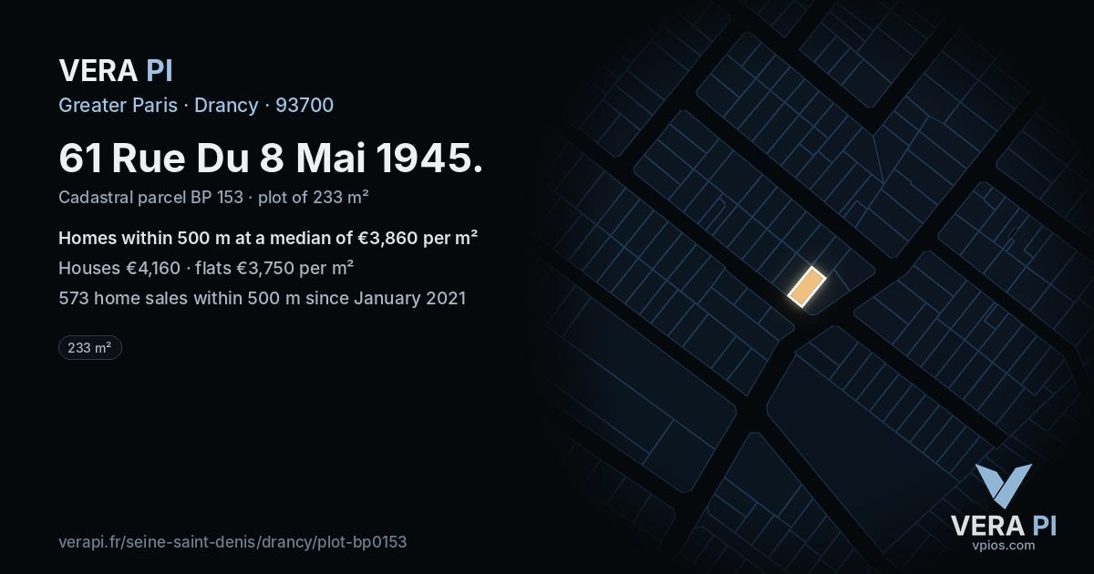 61 Rue Du 8 Mai 1945, Drancy at night – the plot lit, the parcels around coloured by the prices near them
