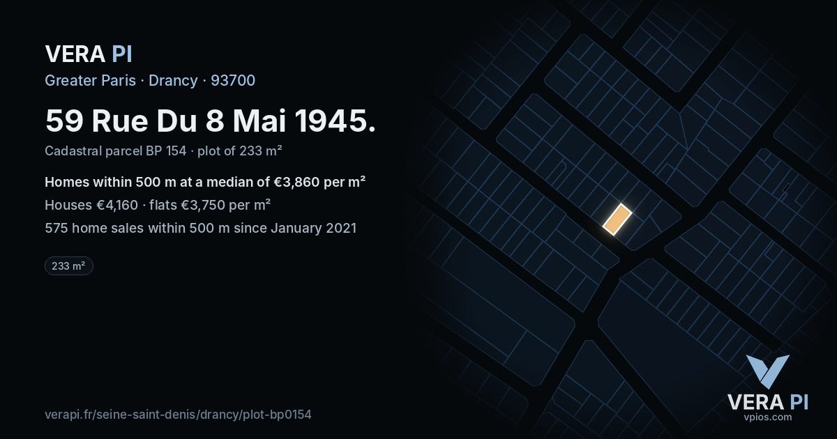 59 Rue Du 8 Mai 1945, Drancy at night – the plot lit, the parcels around coloured by the prices near them