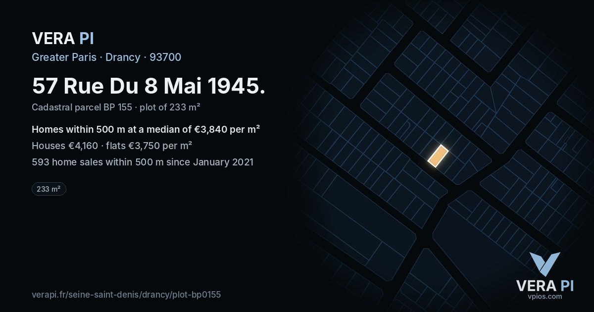 57 Rue Du 8 Mai 1945, Drancy at night – the plot lit, the parcels around coloured by the prices near them