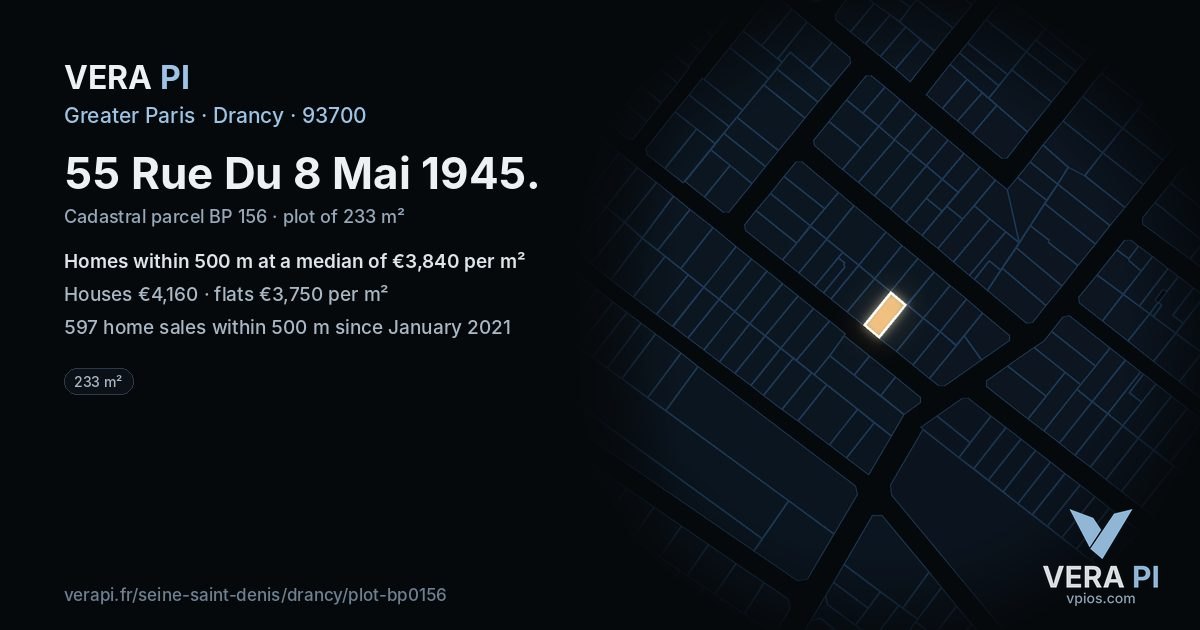 55 Rue Du 8 Mai 1945, Drancy at night – the plot lit, the parcels around coloured by the prices near them