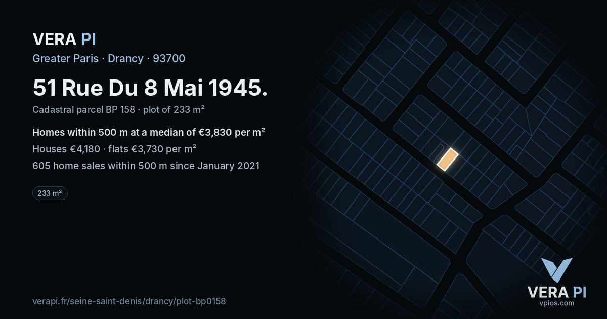 51 Rue Du 8 Mai 1945, Drancy at night – the plot lit, the parcels around coloured by the prices near them