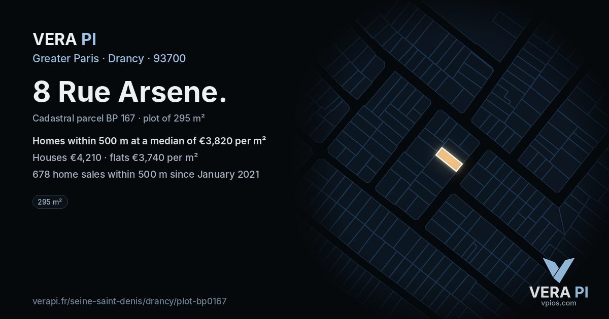 8 Rue Arsene, Drancy at night – the plot lit, the parcels around coloured by the prices near them