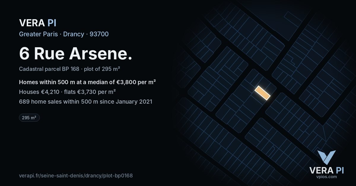 6 Rue Arsene, Drancy at night – the plot lit, the parcels around coloured by the prices near them