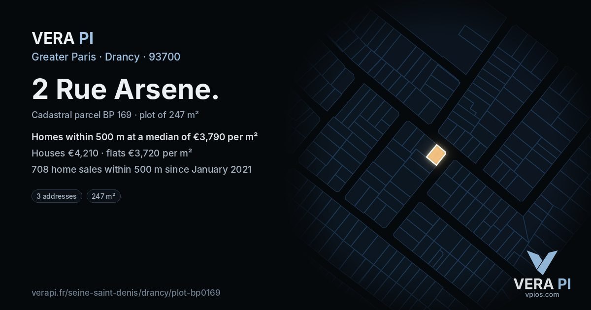 2 Rue Arsene, Drancy at night – the plot lit, the parcels around coloured by the prices near them