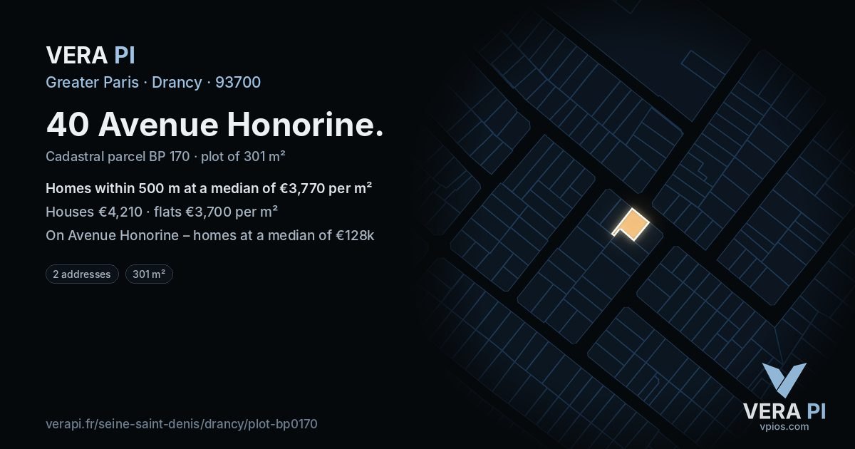 40 Avenue Honorine, Drancy at night – the plot lit, the parcels around coloured by the prices near them