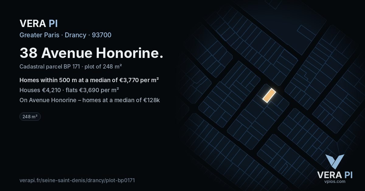 38 Avenue Honorine, Drancy at night – the plot lit, the parcels around coloured by the prices near them