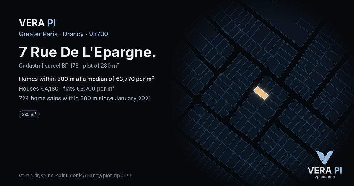 7 Rue De L'Epargne, Drancy at night – the plot lit, the parcels around coloured by the prices near them