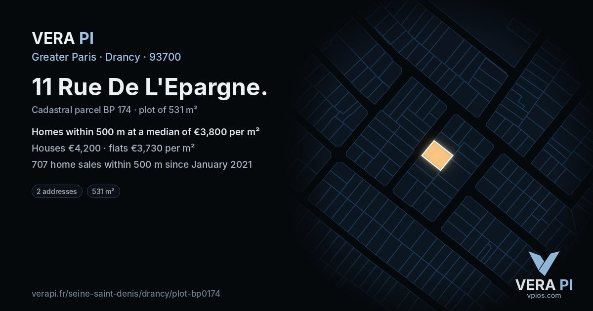 11 Rue De L'Epargne, Drancy at night – the plot lit, the parcels around coloured by the prices near them