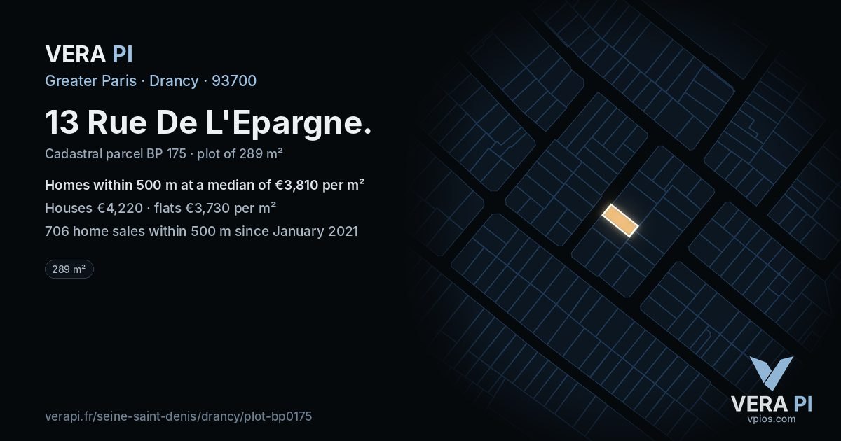13 Rue De L'Epargne, Drancy at night – the plot lit, the parcels around coloured by the prices near them
