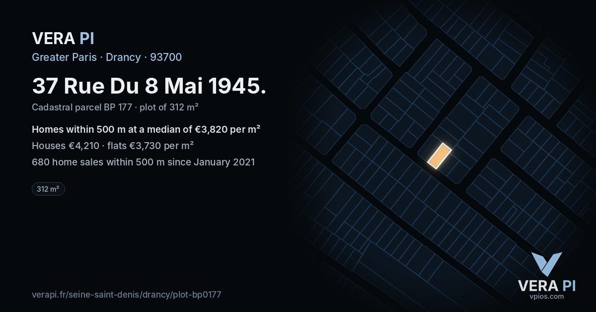 37 Rue Du 8 Mai 1945, Drancy at night – the plot lit, the parcels around coloured by the prices near them