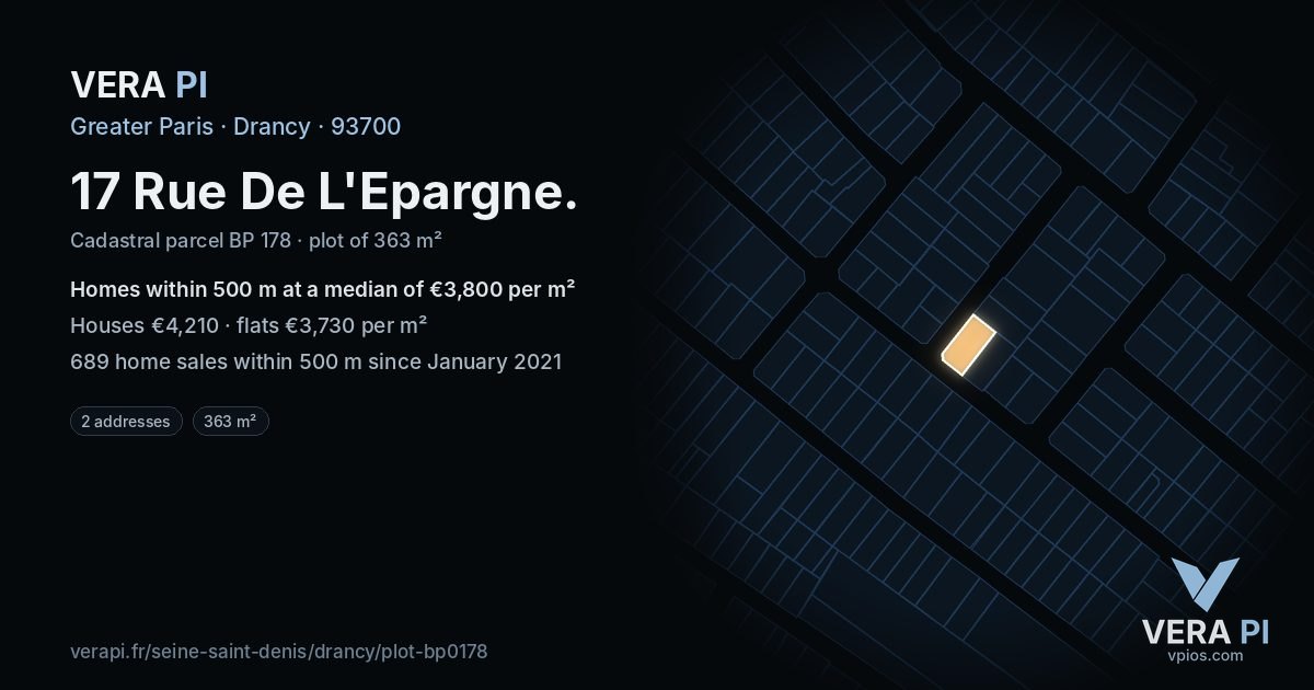 17 Rue De L'Epargne, Drancy at night – the plot lit, the parcels around coloured by the prices near them