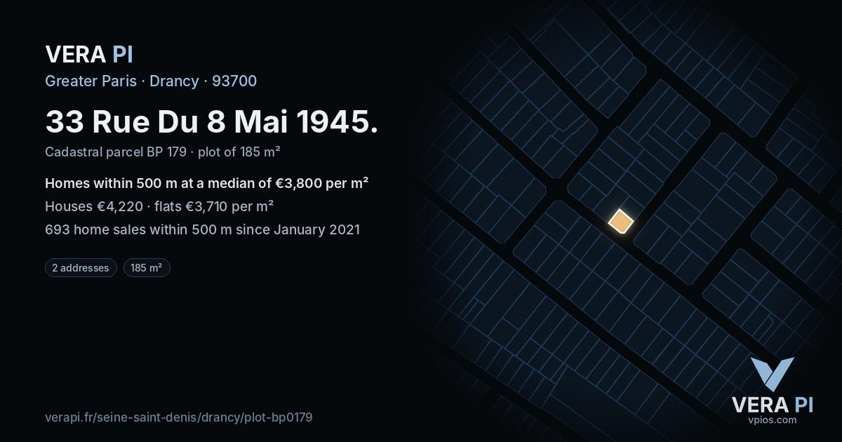 33 Rue Du 8 Mai 1945, Drancy at night – the plot lit, the parcels around coloured by the prices near them