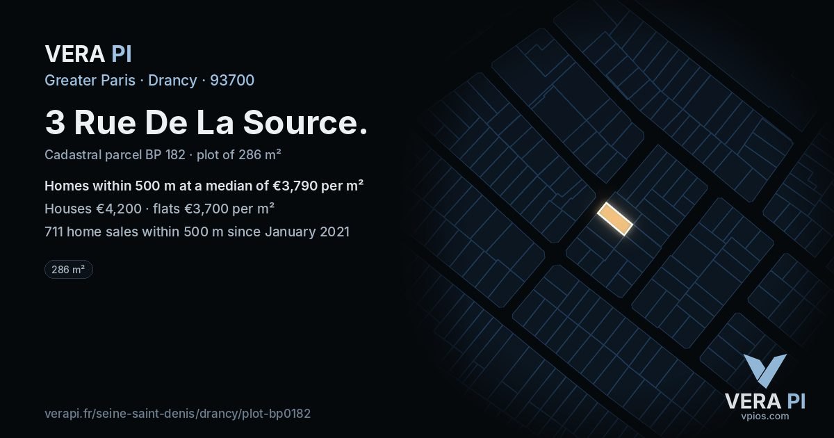 3 Rue De La Source, Drancy at night – the plot lit, the parcels around coloured by the prices near them