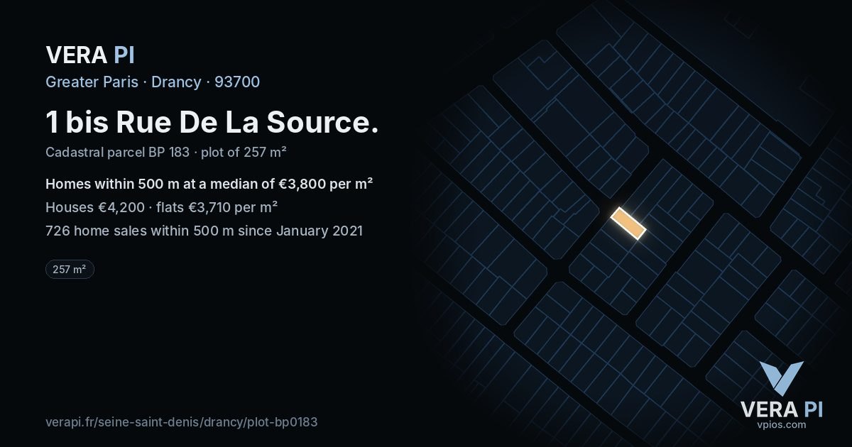 1 bis Rue De La Source, Drancy at night – the plot lit, the parcels around coloured by the prices near them