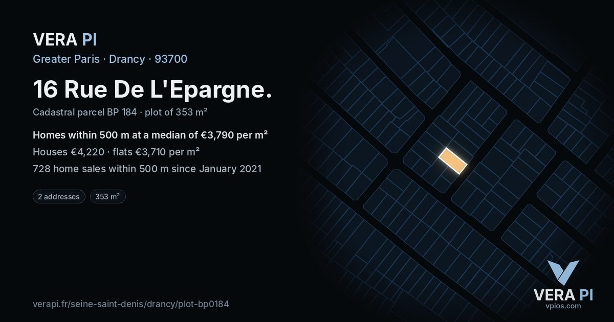 16 Rue De L'Epargne, Drancy at night – the plot lit, the parcels around coloured by the prices near them