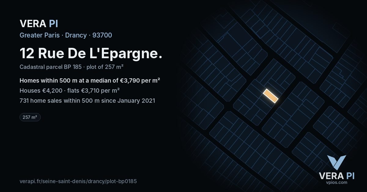 12 Rue De L'Epargne, Drancy at night – the plot lit, the parcels around coloured by the prices near them